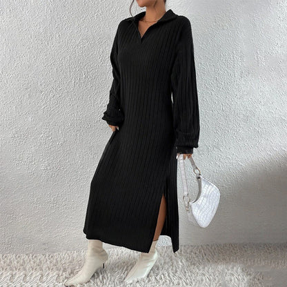 Women's Ribbed Knit Collared Slit Maxi Dress