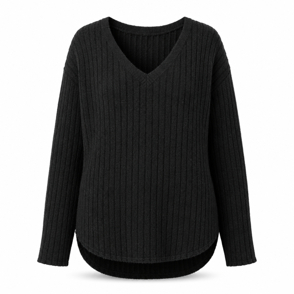 Women's Plus Size V Neck Long Sleeve Ribbed Brushed T-Shirt Loose Fit Solid Color Pullover Top