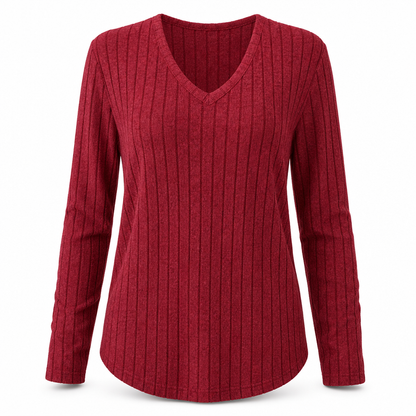 Women's Plus Size V Neck Long Sleeve Ribbed Brushed T-Shirt Loose Fit Solid Color Pullover Top