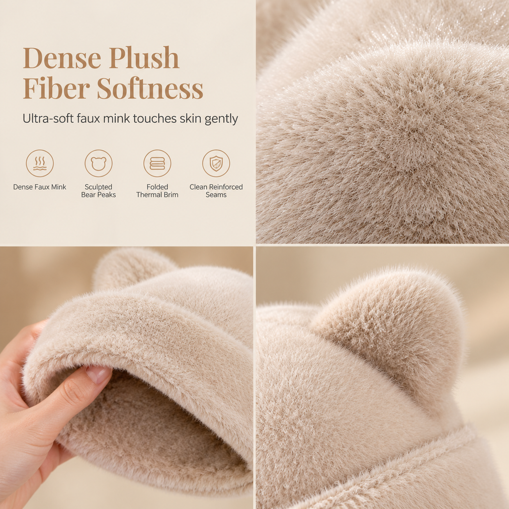 Women Fluffy Faux Mink Fur Beanie Hat with Cute Bear Ears Warm Winter Cold Weather Pullover Cap