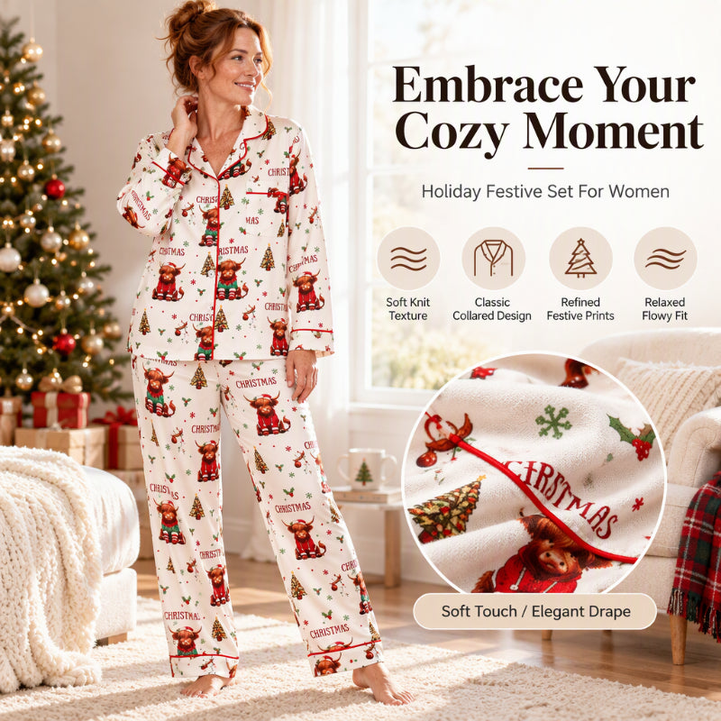 Women's Christmas Long Sleeve Notch Collar Pajama Set