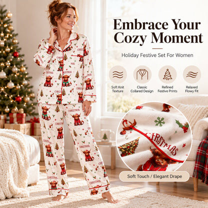 Women's Christmas Long Sleeve Notch Collar Pajama Set