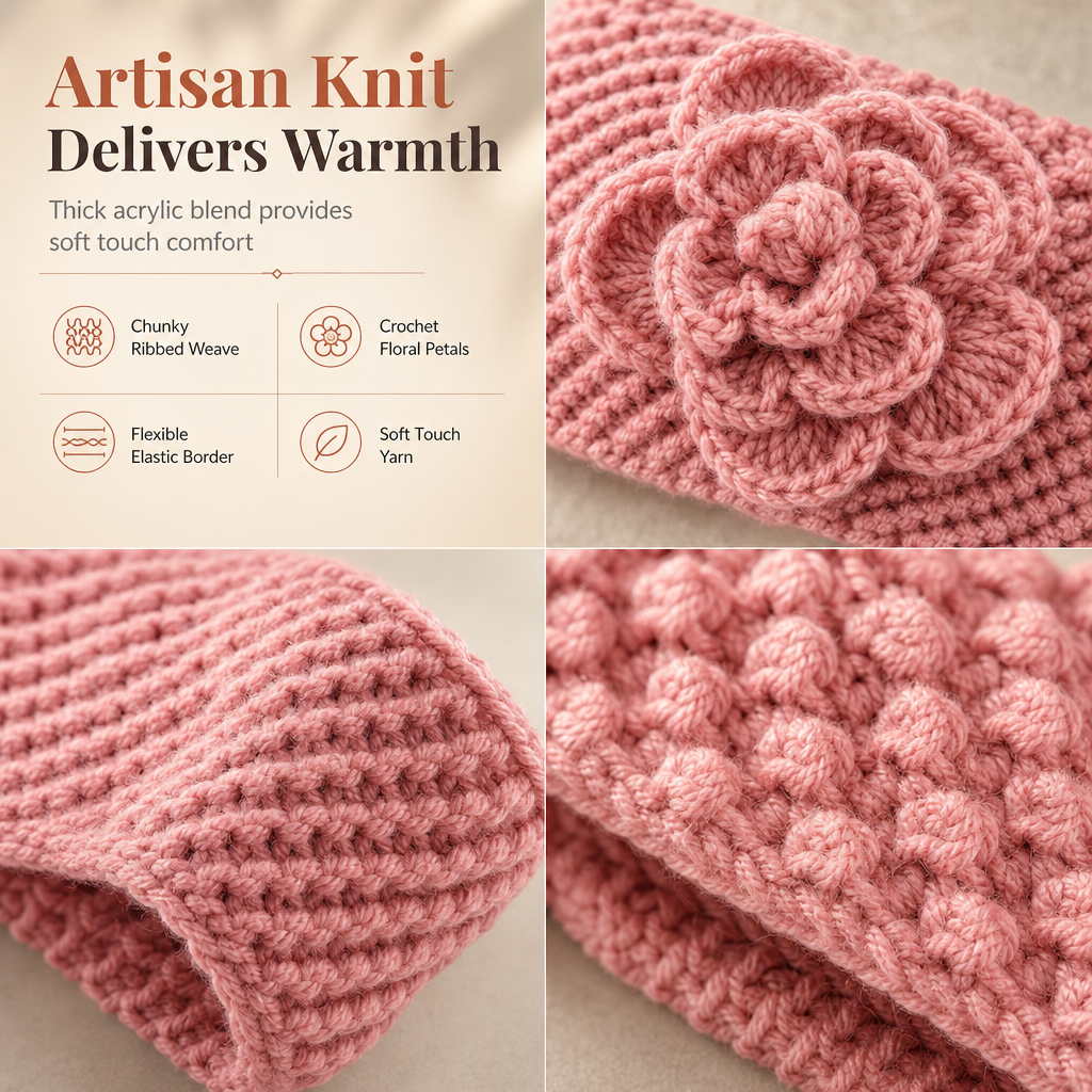 Women Winter Warm Knitted Ear Warmer Headband Wide Floral Hair Accessory