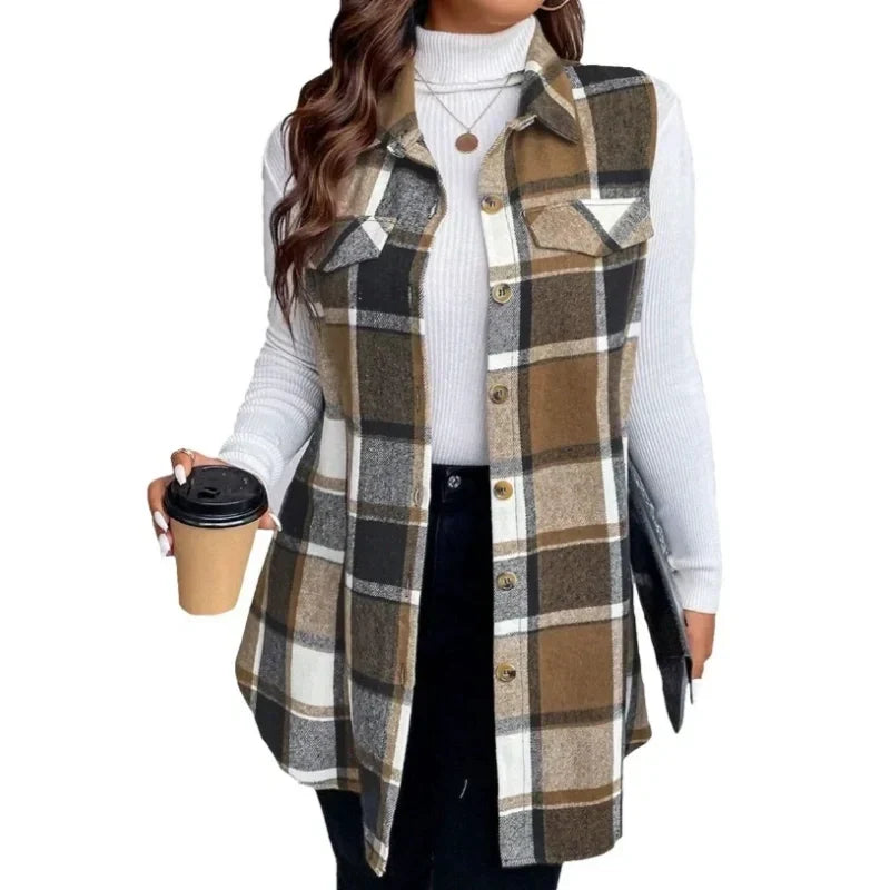 Women's Plaid Button Down Vest Shirt with Pockets