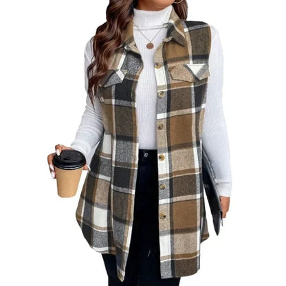 Women's Plaid Button Down Vest Shirt with Pockets