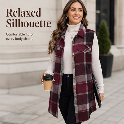 Women's Plaid Button Down Vest Shirt with Pockets