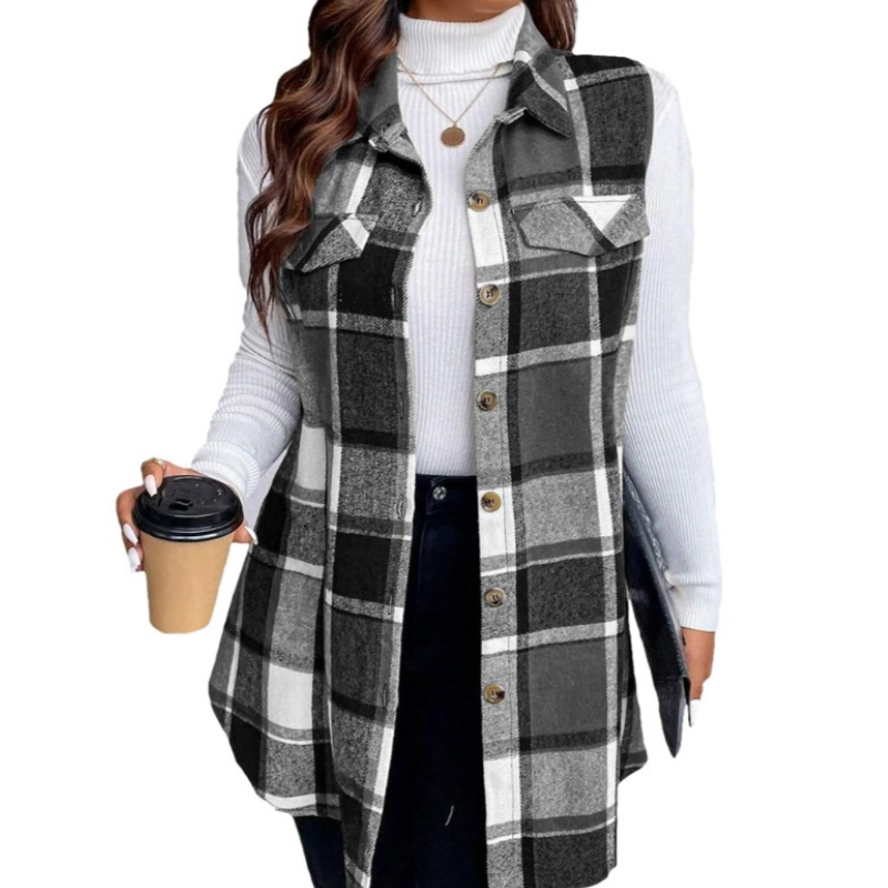 Women's Plaid Button Down Vest Shirt with Pockets
