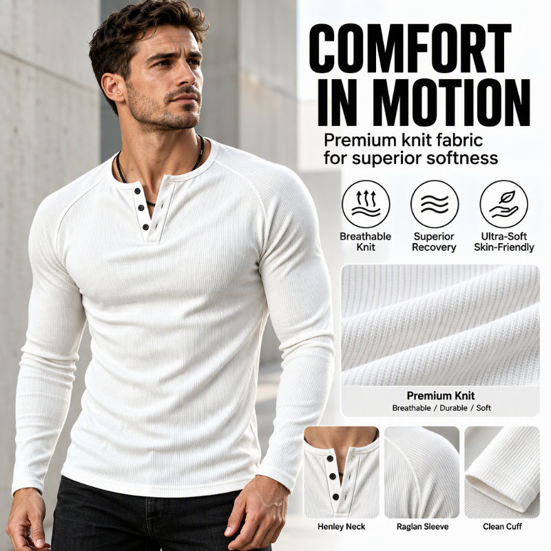 🖤 Men's Casual Slim Fit Ribbed Henley T-Shirt