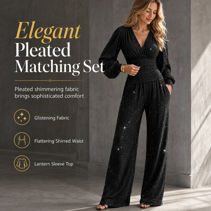 ✨ Women's Two Piece Outfit Fall Winter Deep V Neck Lantern Sleeve Pleated Top and Wide Leg Pants with Pockets