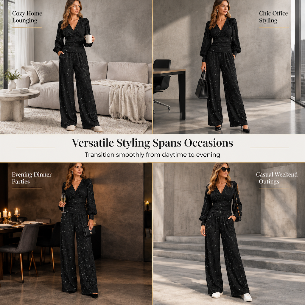 ✨ Women's Two Piece Outfit Fall Winter Deep V Neck Lantern Sleeve Pleated Top and Wide Leg Pants with Pockets