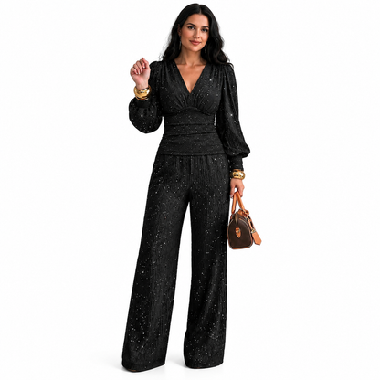 ✨ Women's Two Piece Outfit Fall Winter Deep V Neck Lantern Sleeve Pleated Top and Wide Leg Pants with Pockets