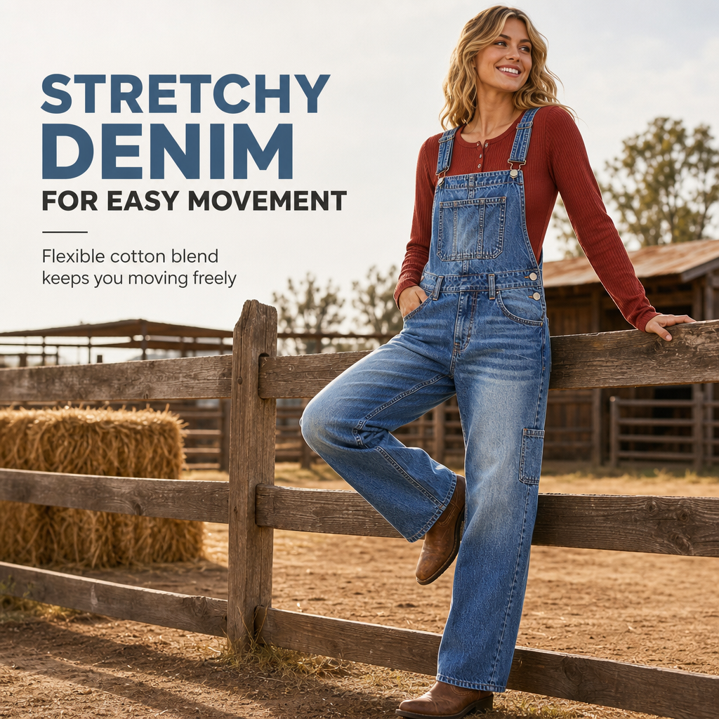 👖 Move-With-You Stretch, Custom Fit | Women's Stretchy Denim Overalls Wide Leg Jumpsuit with Adjustable Straps