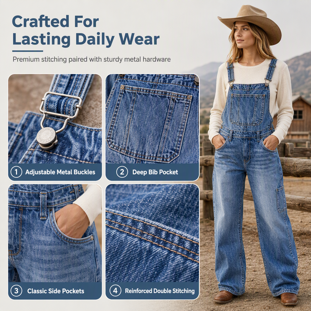 👖 Move-With-You Stretch, Custom Fit | Women's Stretchy Denim Overalls Wide Leg Jumpsuit with Adjustable Straps