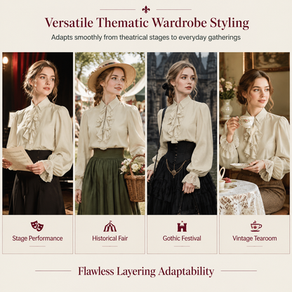 Womens French Ruffle Collar Blouse with Lace Trim Cuffs for Halloween Vampire Costume and Stage Performance