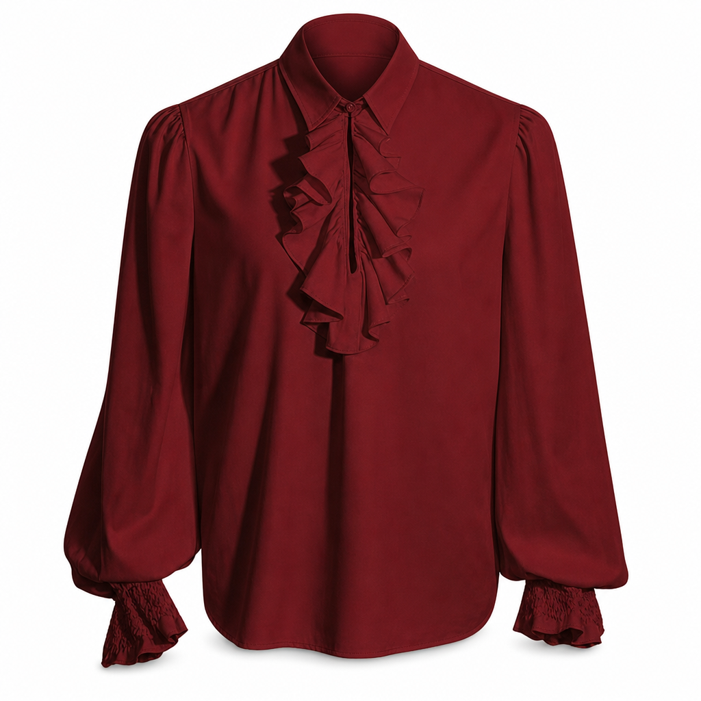 Womens French Ruffle Collar Blouse with Lace Trim Cuffs for Halloween Vampire Costume and Stage Performance