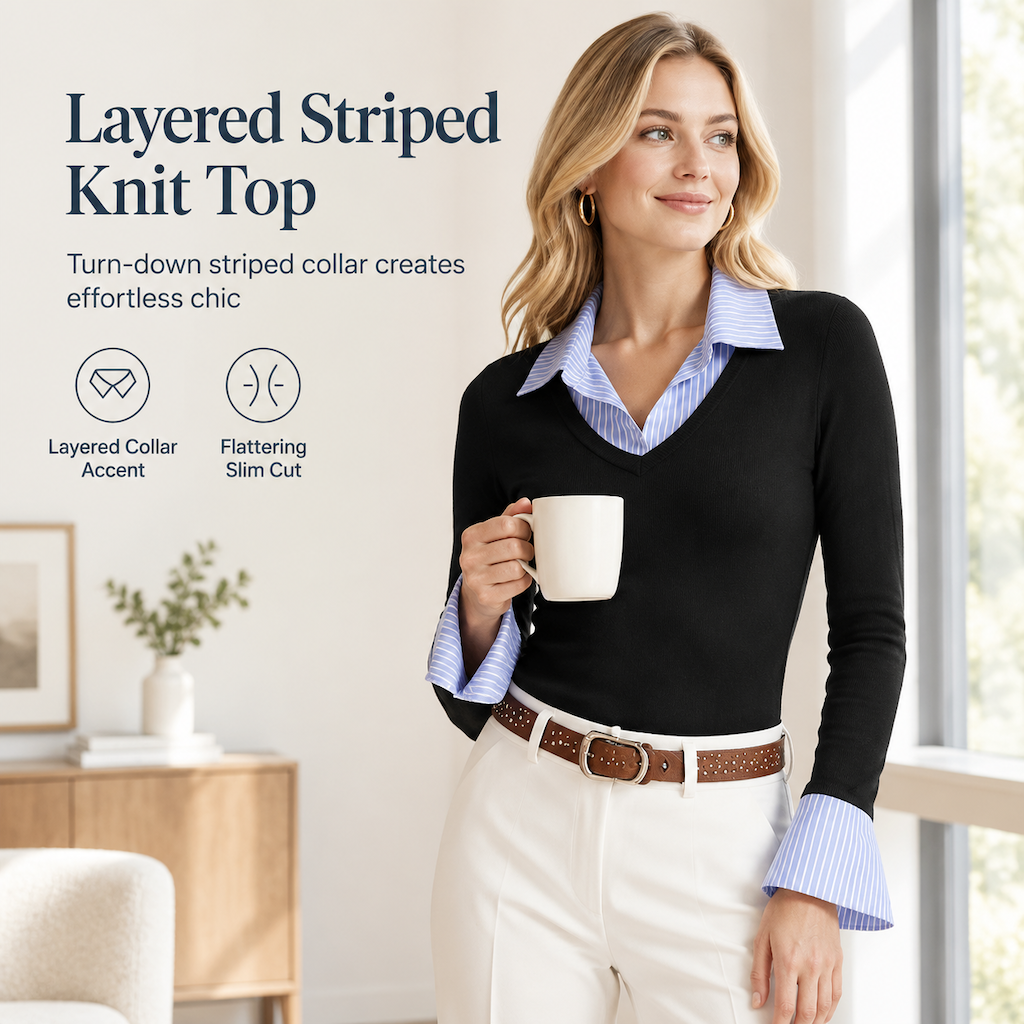 🌸Hot Sale 50% OFF💖Womens Striped Faux Two Piece Long Sleeve Knit Sweater - Slim Fit