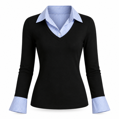 🌸Hot Sale 50% OFF💖Womens Striped Faux Two Piece Long Sleeve Knit Sweater - Slim Fit