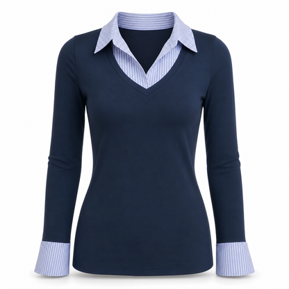 🌸Hot Sale 50% OFF💖Womens Striped Faux Two Piece Long Sleeve Knit Sweater - Slim Fit