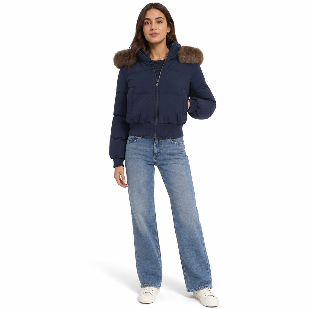 Women's Winter Short Hooded Padded Coat with Fur Collar