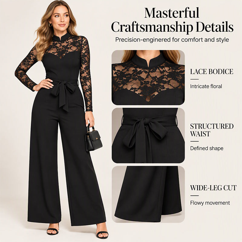 ✨ Feminine Lace Detail, Waist-Defining Silhouette | Women's Elegant Lace Patchwork Belted Jumpsuit