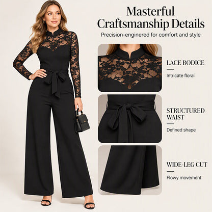 ✨ Feminine Lace Detail, Waist-Defining Silhouette | Women's Elegant Lace Patchwork Belted Jumpsuit