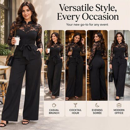 ✨ Feminine Lace Detail, Waist-Defining Silhouette | Women's Elegant Lace Patchwork Belted Jumpsuit