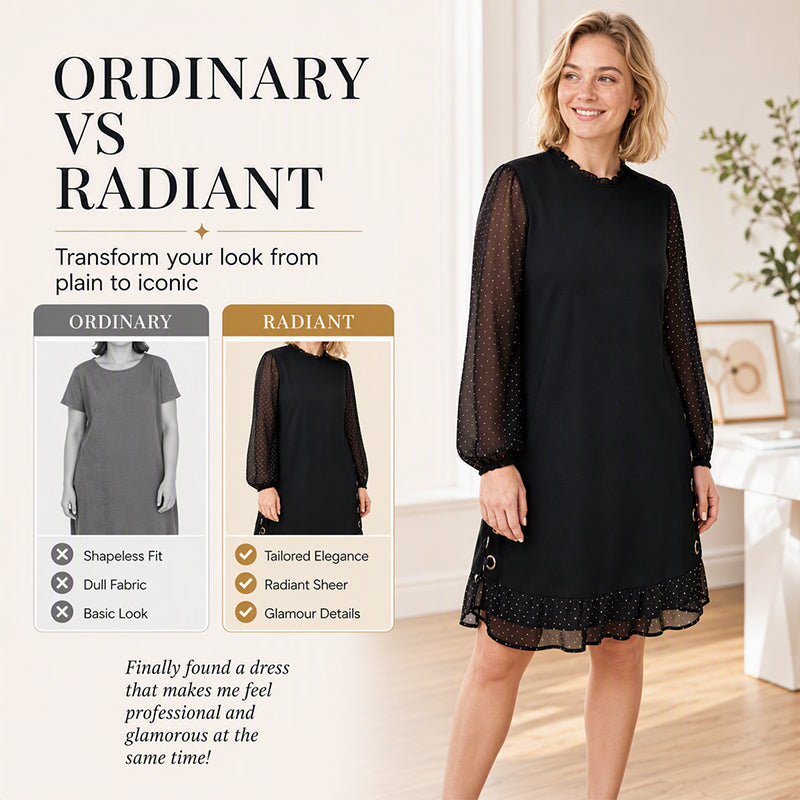 Women's Elegant Dress with Sheer Dotted Sleeves