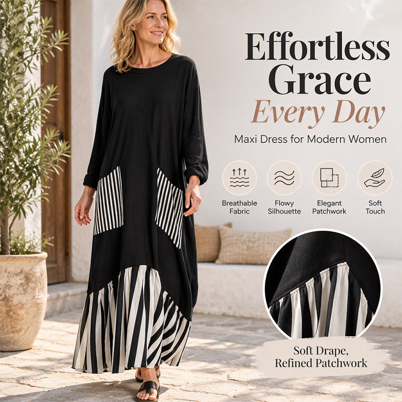 ✨Women's Striped Patchwork Long Sleeve Maxi Dress