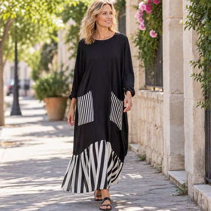 ✨Women's Striped Patchwork Long Sleeve Maxi Dress