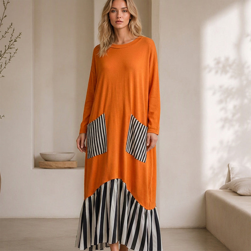 ✨Women's Striped Patchwork Long Sleeve Maxi Dress