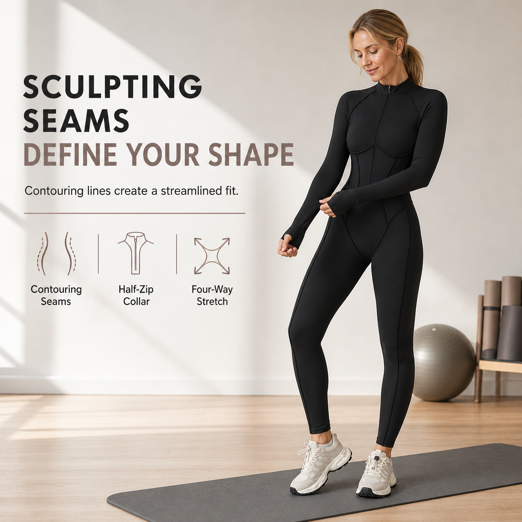 Women's Ribbed Mock Neck Half Zip Jumpsuit High Impact Yoga and Fitness Bodysuit