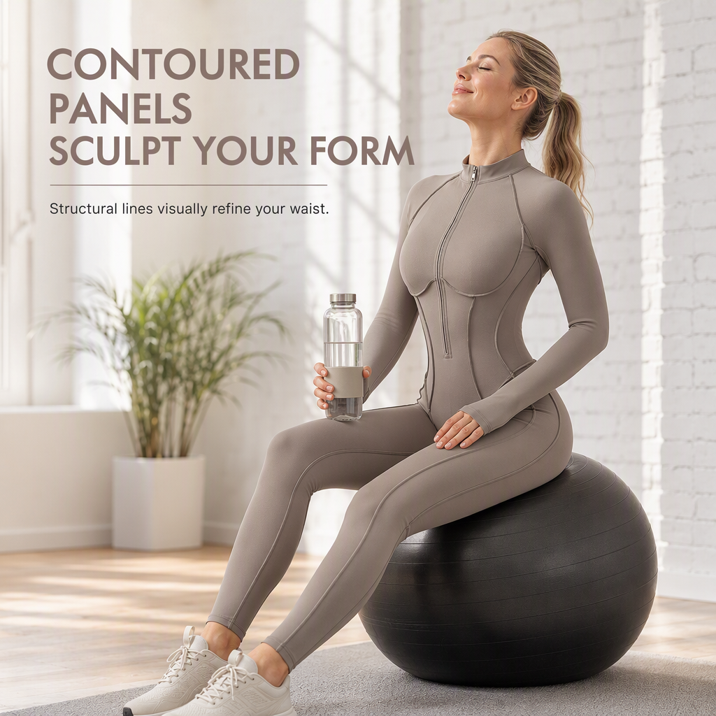 Women's Ribbed Mock Neck Half Zip Jumpsuit High Impact Yoga and Fitness Bodysuit