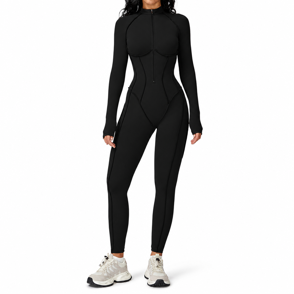 Women's Ribbed Mock Neck Half Zip Jumpsuit High Impact Yoga and Fitness Bodysuit