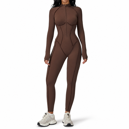 Women's Ribbed Mock Neck Half Zip Jumpsuit High Impact Yoga and Fitness Bodysuit