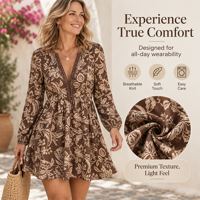 Women's Vintage Floral Print Long Sleeve V-Neck Dress