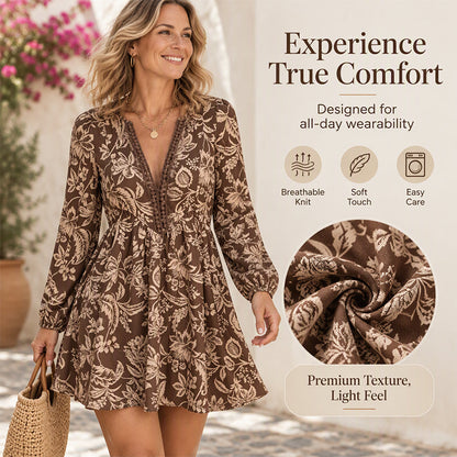 Women's Vintage Floral Print Long Sleeve V-Neck Dress