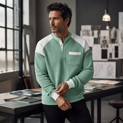 Men’s casual Henley top with a color-block design and waffle-knit texture