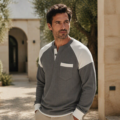 Men’s casual Henley top with a color-block design and waffle-knit texture