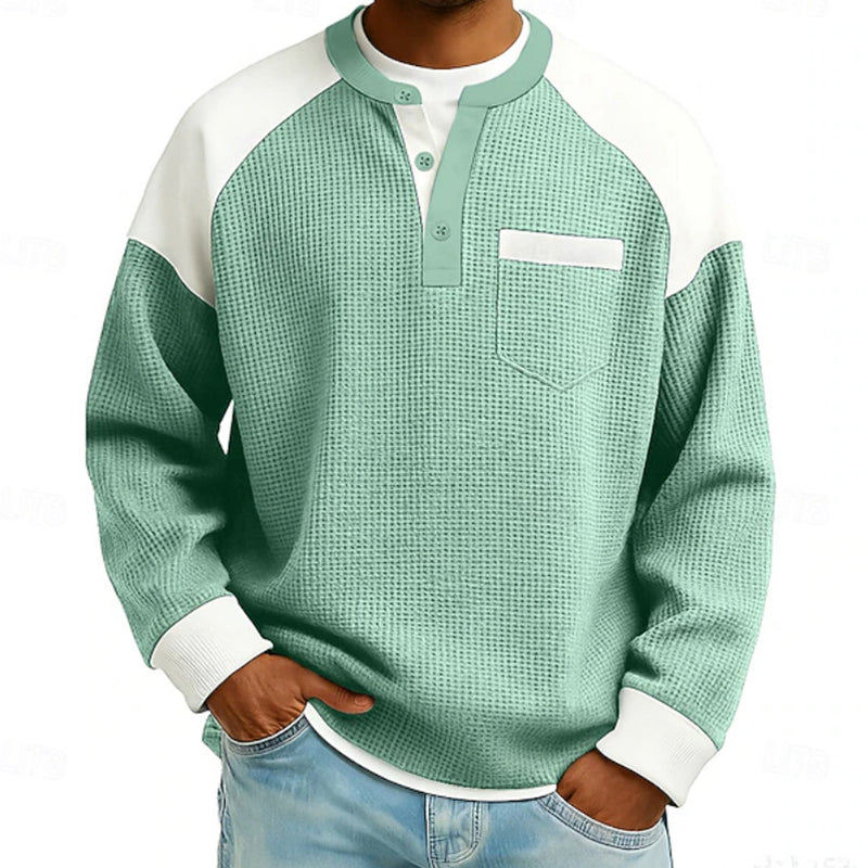 Men’s casual Henley top with a color-block design and waffle-knit texture