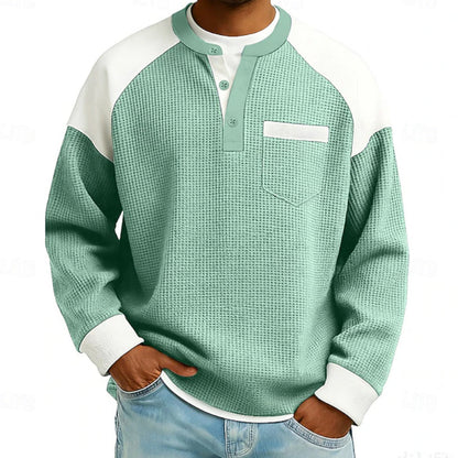 Men’s casual Henley top with a color-block design and waffle-knit texture
