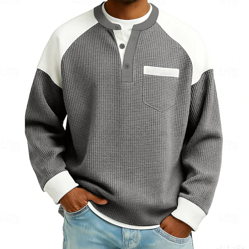 Men’s casual Henley top with a color-block design and waffle-knit texture