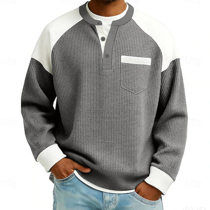 Men’s casual Henley top with a color-block design and waffle-knit texture