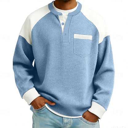 Men’s casual Henley top with a color-block design and waffle-knit texture
