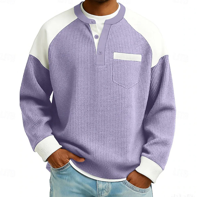 Men’s casual Henley top with a color-block design and waffle-knit texture