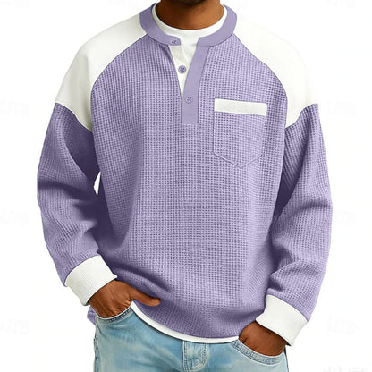 Men’s casual Henley top with a color-block design and waffle-knit texture