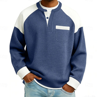 Men’s casual Henley top with a color-block design and waffle-knit texture