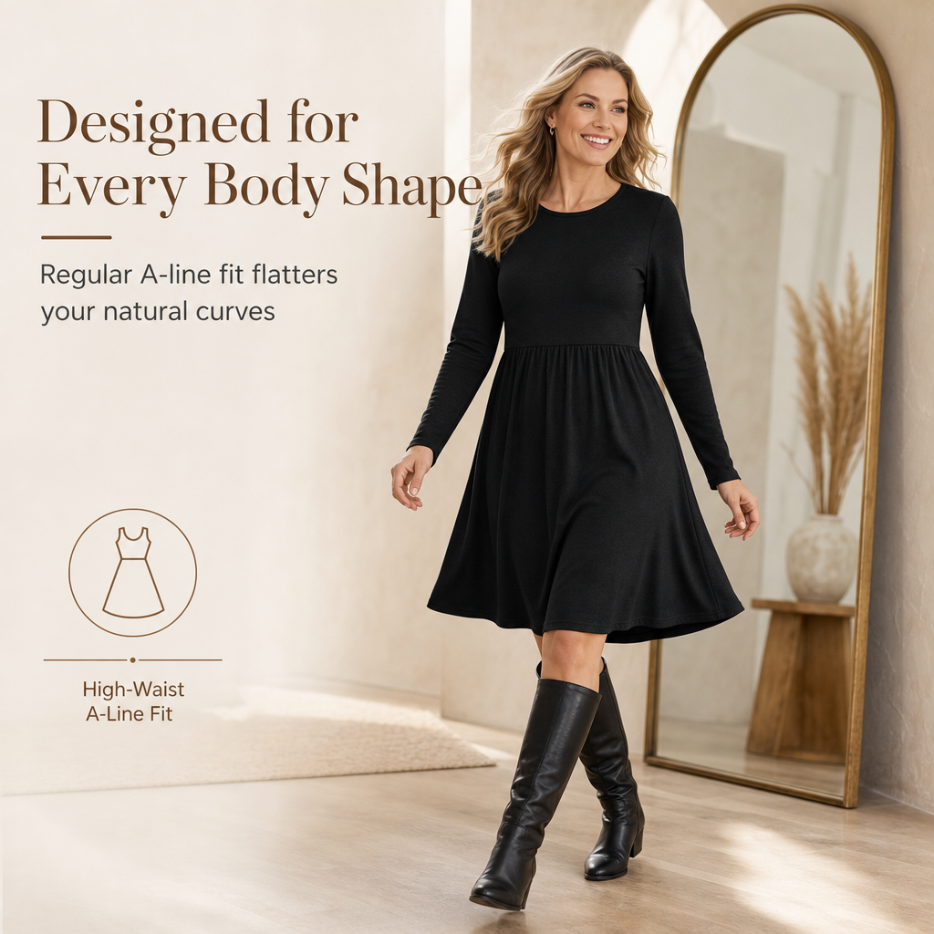 Women's Casual Loose Fit Solid Color Long Sleeve Crew Neck Dress