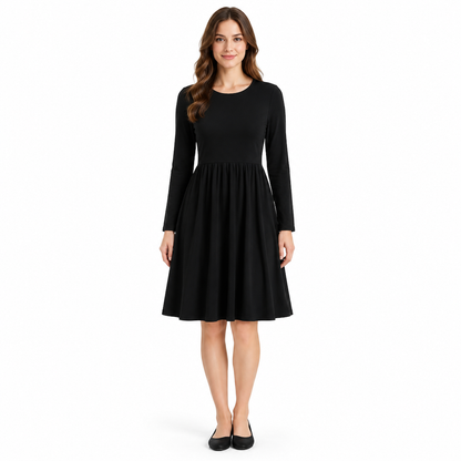 Women's Casual Loose Fit Solid Color Long Sleeve Crew Neck Dress