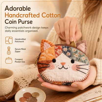 🎁Christmas Hot Sale 50% OFF🐱Cute Patchwork Cat Coin Purse, Handmade Fabric Kitten Mini Pouch, Portable Card Holder for Girls