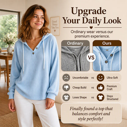 Women's Waffle Knit Henley Hooded Sweatshirt